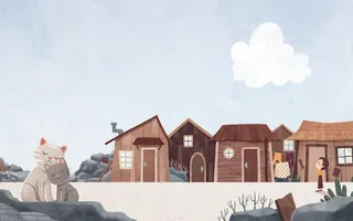 Illustration of a boy near small wooden houses and a cloudy sky