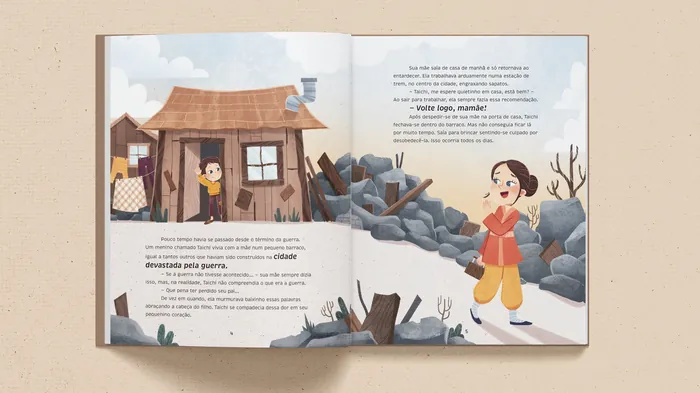 Illustration of a boy standing near a small house and rocky path