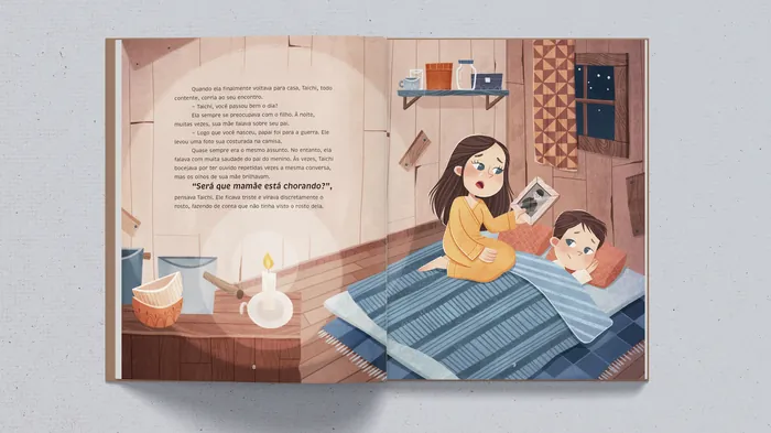 Illustration of a girl showing a photo to a boy in bed at night
