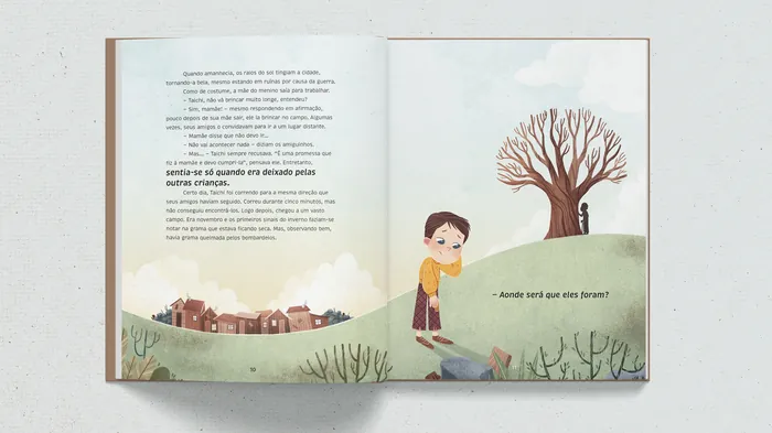 Illustration of a boy standing near a leafless tree on a hill