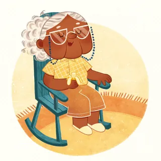 Elderly woman sitting in rocking chair eating a banana