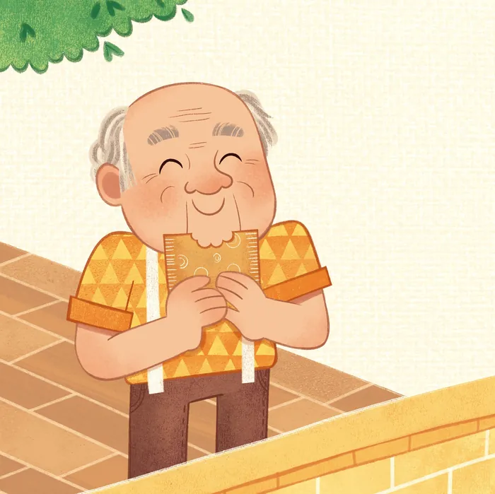 Older man happily eating a sandwich outdoors near a tree