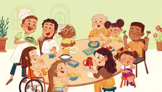 Diverse children and adults eating together around a table