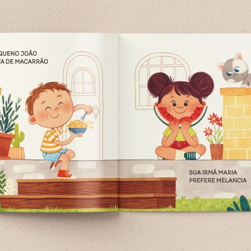 Illustration of two children sitting near a window with a cat