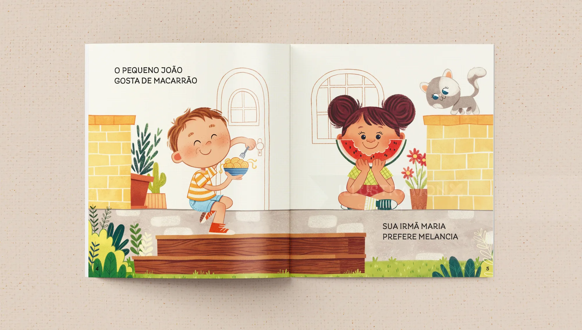 Illustration of two children sitting near a window with a cat