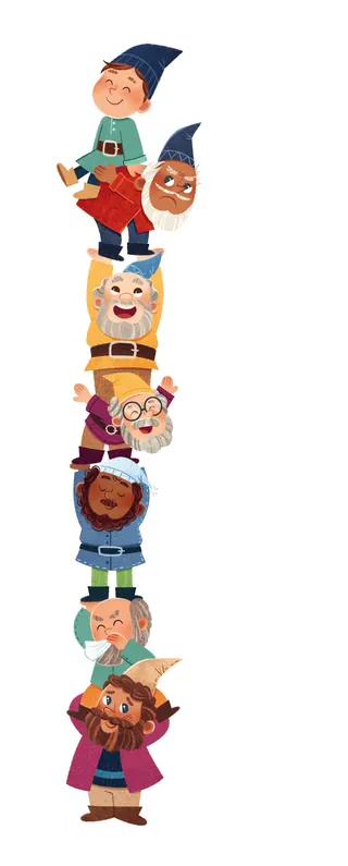Illustration of Snow White seven dwarfs stacked vertically