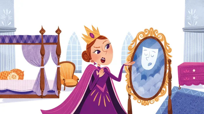 Queen angrily pointing at magic mirror showing a white face