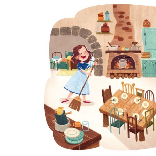 Illustration of Snow White happily sweeping a cozy kitchen