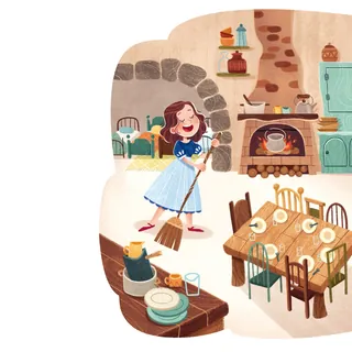 Illustration of Snow White happily sweeping a cozy kitchen