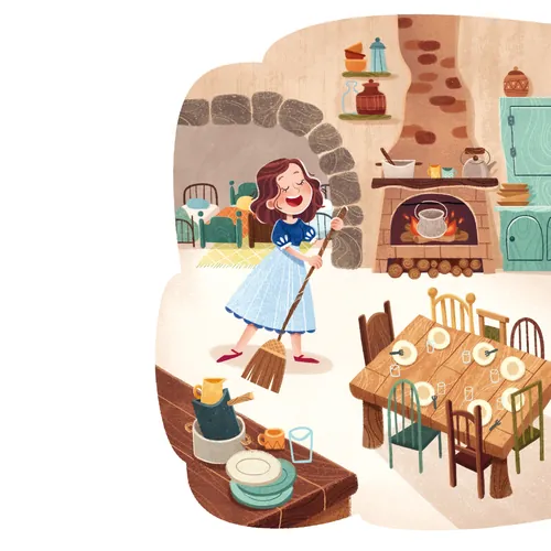 Illustration of Snow White happily sweeping a cozy kitchen
