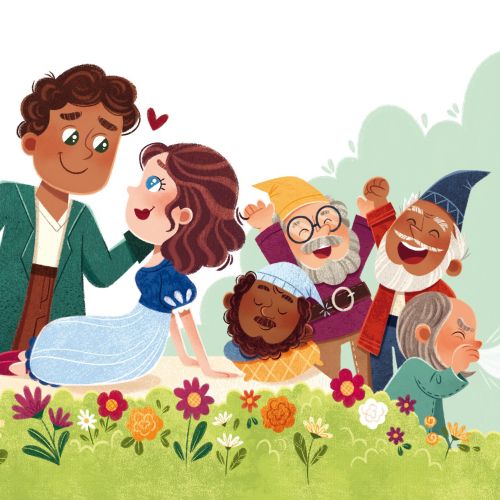 Snow White with prince and seven dwarfs in a garden