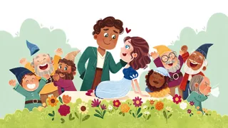 Snow White with prince and seven dwarfs in a garden