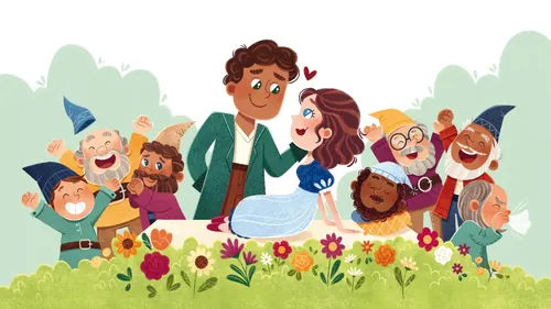 Snow White with prince and seven dwarfs in a garden
