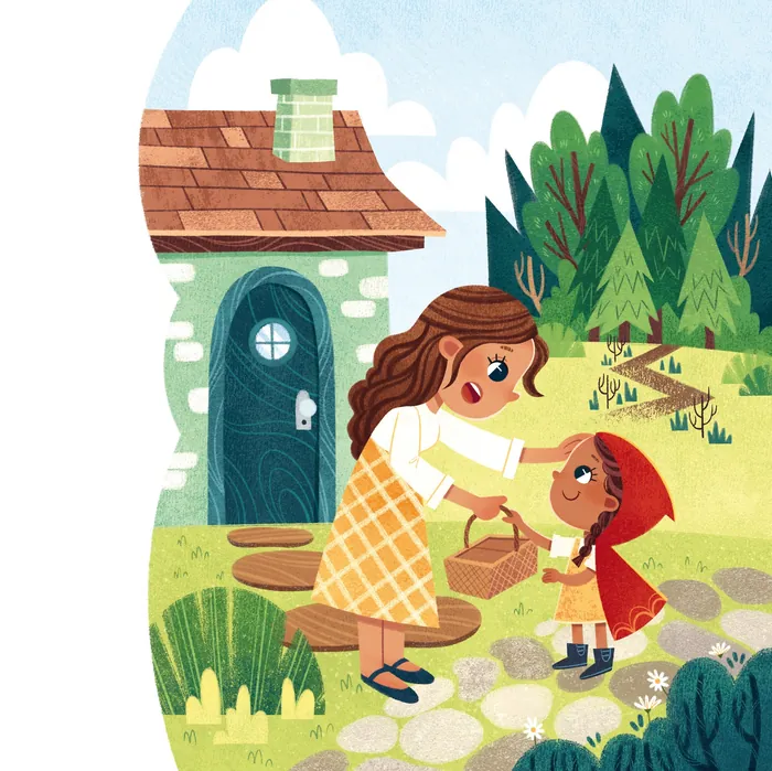Little Red Riding Hood talks with her mother outside their cottage