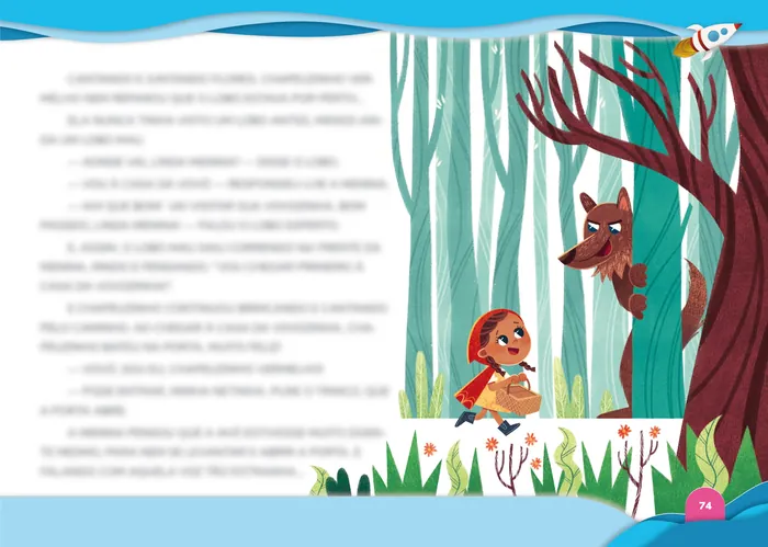 Illustration of Little Red Riding Hood and wolf in forest