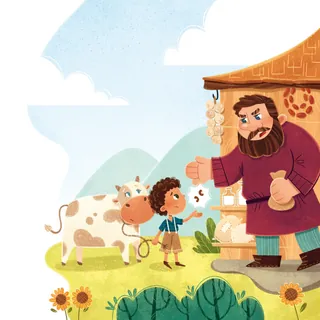 Jack trading beans with a man and cow in a colorful countryside