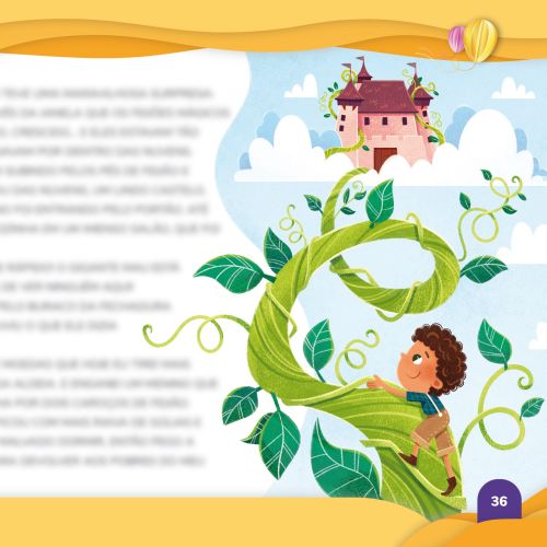 Child climbing giant beanstalk towards castle in sky