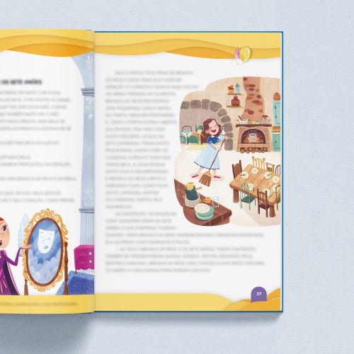 Illustration of Snow White in a storybook with a queen and a mirror
