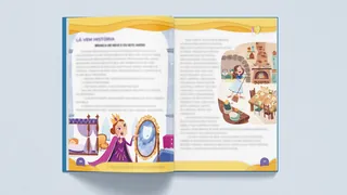 Illustration of Snow White in a storybook with a queen and a mirror