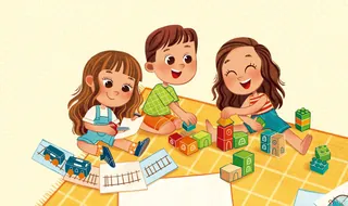 Children happily playing with colorful building blocks on a map