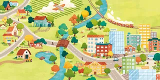 Colorful illustrated cityscape with houses, buildings, trees, and bridges