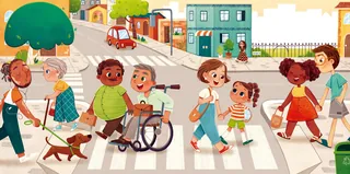 Diverse people crossing a city street, including children and wheelchair user