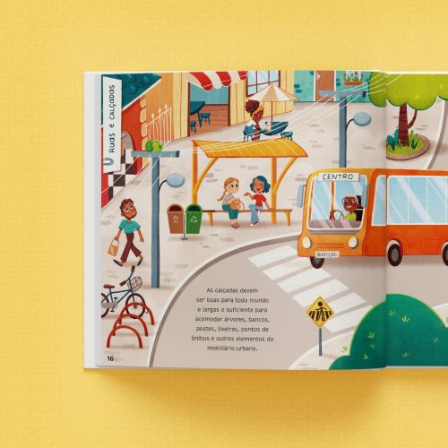 Illustration of a colorful urban park with people, trees, and playground