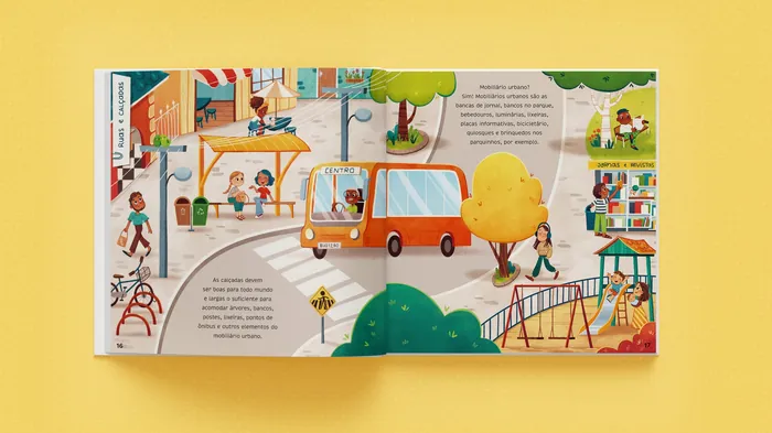 Illustration of a colorful urban park with people, trees, and playground
