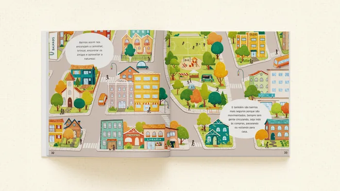Colorful illustrated city map with houses, trees, and dialogue bubbles
