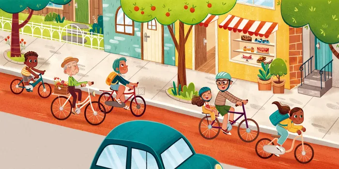 Illustration of diverse children riding bikes on city sidewalk