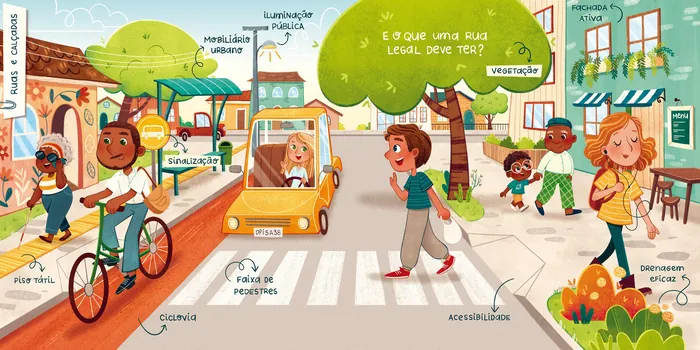 Colorful city street with pedestrians, cyclist, car, and storefronts