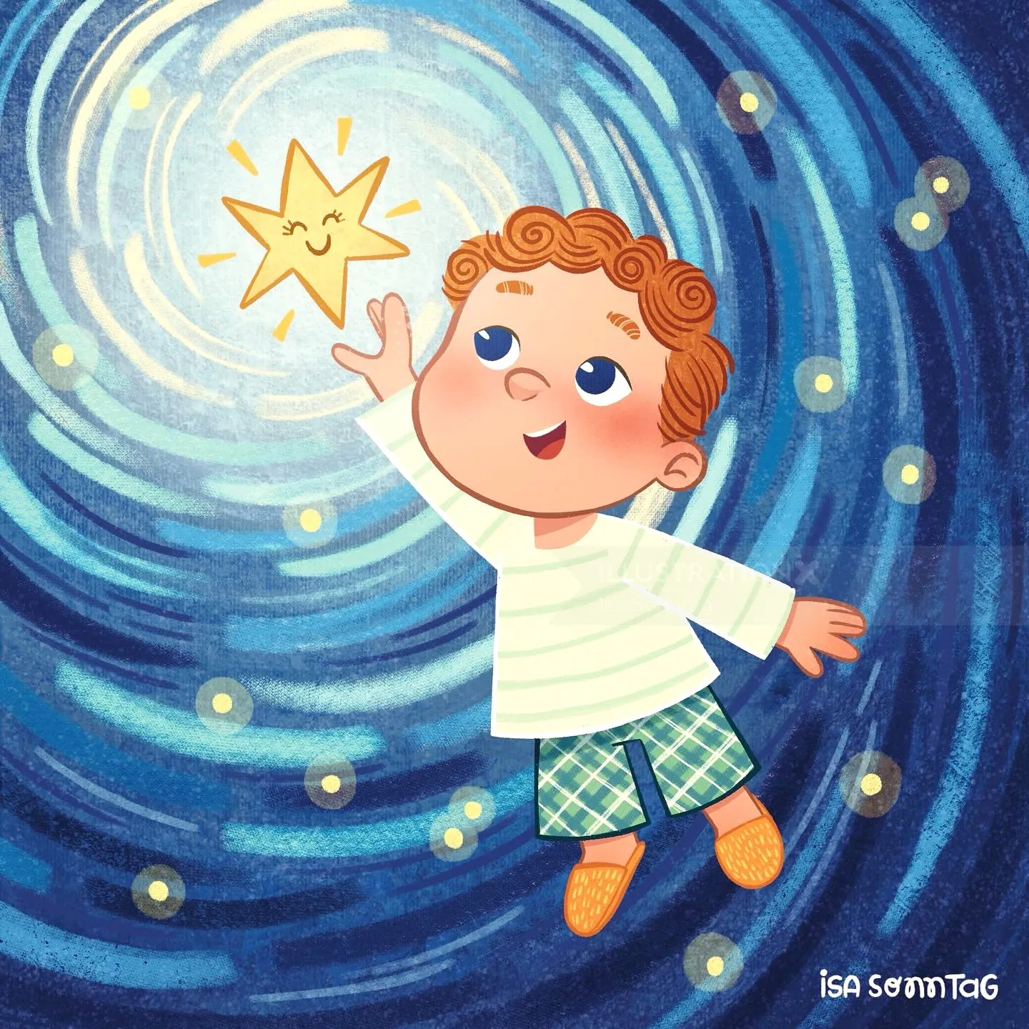 Child reaching for smiling star in swirling blue night sky