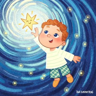 Child reaching for smiling star in swirling blue night sky
