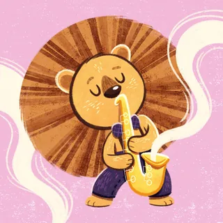 Cartoon lion playing a saxophone with musical notes and pink background