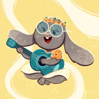 Cute hippie rabbit playing a blue guitar with flower crown