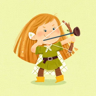 Cartoon elf girl with long red hair aiming a bow and arrow