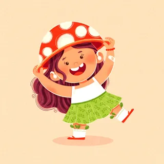Happy girl wearing a red mushroom hat and green skirt