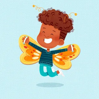 Happy child with butterfly wings joyfully jumping
