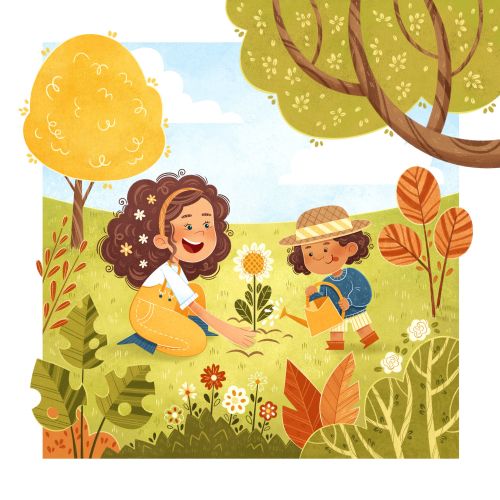 Mother and child gardening together in vibrant colorful garden