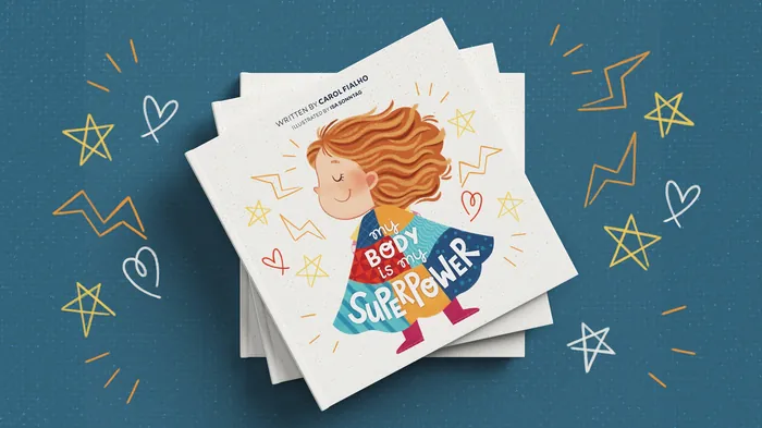 Book cover with child superhero and title My Body Is My Superpower