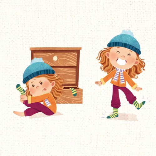 Girl in blue hat shows different poses and emotions in illustration