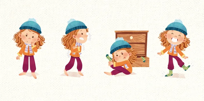 Girl in blue hat shows different poses and emotions in illustration