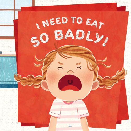 Angry girl crying with hunger while family eats at table