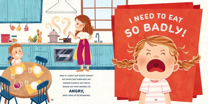 Angry girl crying with hunger while family eats at table