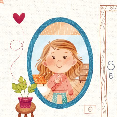 Girl smiling at her reflection in a mirror with heart decoration