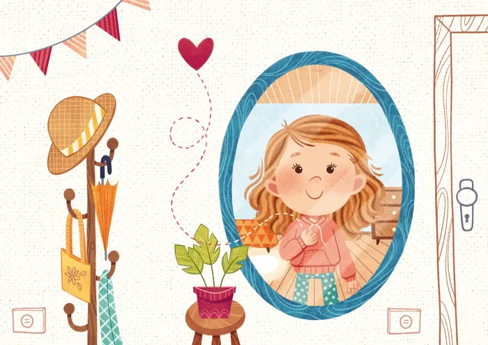 Girl smiling at her reflection in a mirror with heart decoration