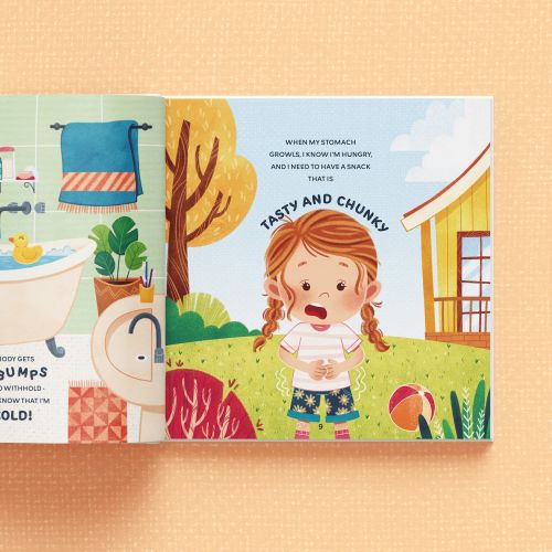 Illustration from children’s book showing a girl bathing and playing outside