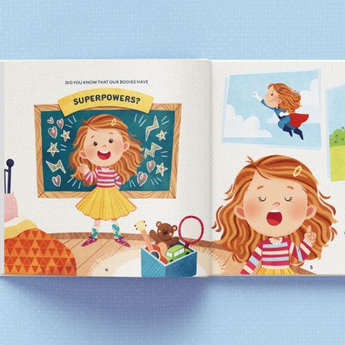 Child imagining herself with superpowers in a colorful book illustration