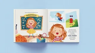 Child imagining herself with superpowers in a colorful book illustration