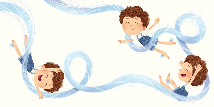 Illustration of boy flying with wings on his feet in playful poses